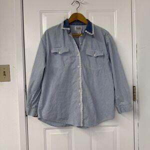 VTG Solutions Women's‎ Stripe Denim Collar Lace Trim Shirt Cottage Core Sz Large